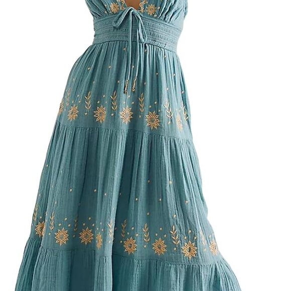 Women's Boho Maxi Dress Cotton Spaghetti Strap V Neck Open Back - Picture 1 of 3